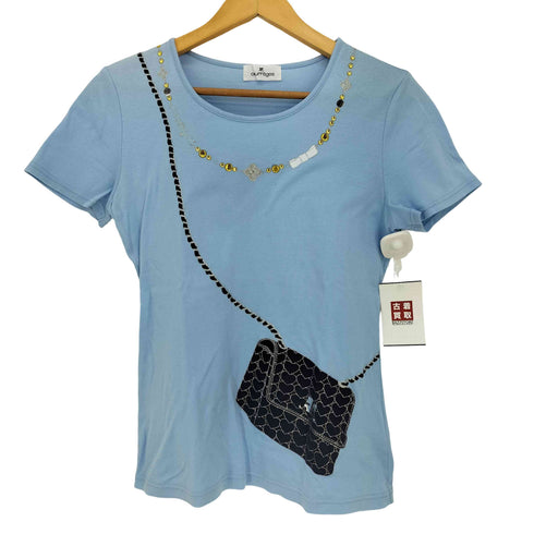 クレージュ courreges ビーズ ラインストーン装飾 トロンプルイユ ショルダーバッグプリント 半袖 Tシャツ レディース FR:38