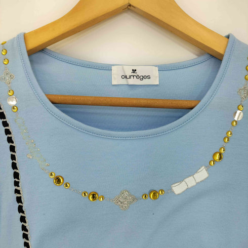 クレージュ courreges ビーズ ラインストーン装飾 トロンプルイユ ショルダーバッグプリント 半袖 Tシャツ レディース FR:38