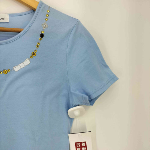 クレージュ courreges ビーズ ラインストーン装飾 トロンプルイユ ショルダーバッグプリント 半袖 Tシャツ レディース FR:38