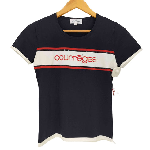 クレージュ courreges フロントロゴ刺繍 スパンコール シアー クルーネック 半袖Tシャツ レディース FR:38
