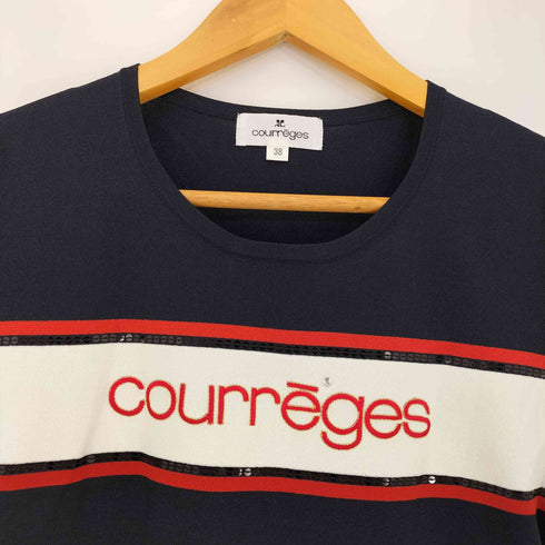 クレージュ courreges フロントロゴ刺繍 スパンコール シアー クルーネック 半袖Tシャツ レディース FR:38
