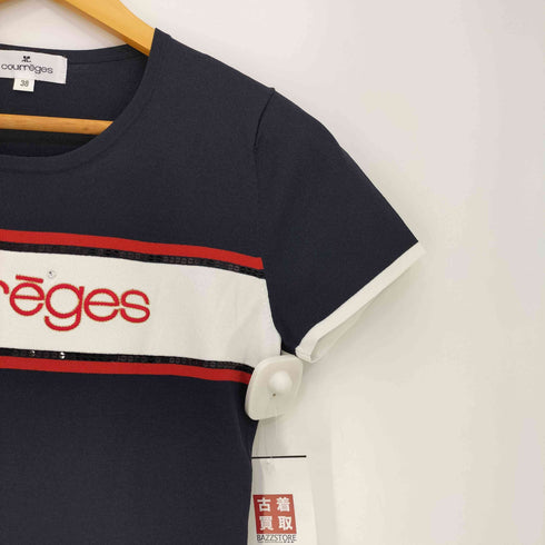 クレージュ courreges フロントロゴ刺繍 スパンコール シアー クルーネック 半袖Tシャツ レディース FR:38