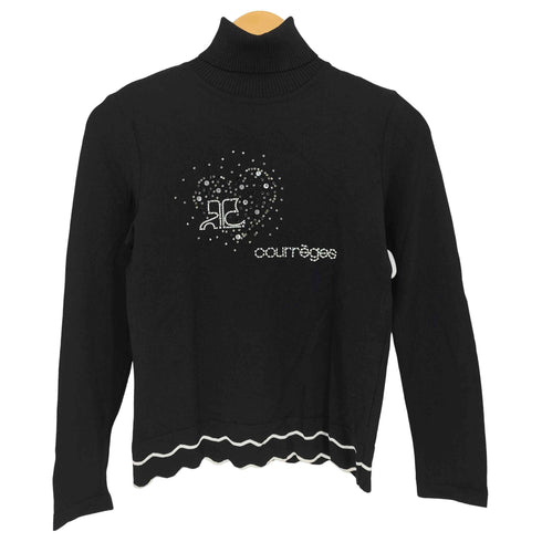 クレージュ courreges フロントロゴ刺繍 ラインストーン ライトオンス タートルネック 長袖ニット レディース FR:38