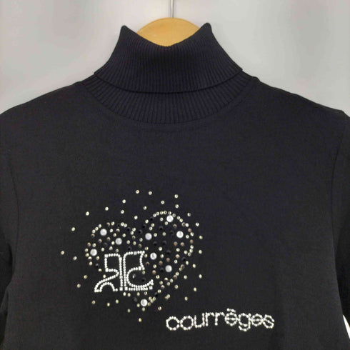クレージュ courreges フロントロゴ刺繍 ラインストーン ライトオンス タートルネック 長袖ニット レディース FR:38