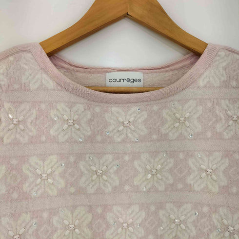 クレージュ courreges フラワープリント ビジュー装飾 ウールナイロン チュニック ニットワンピース レディース FR:38