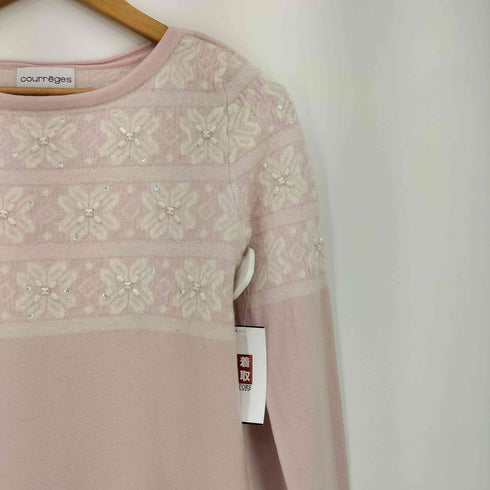クレージュ courreges フラワープリント ビジュー装飾 ウールナイロン チュニック ニットワンピース レディース FR:38
