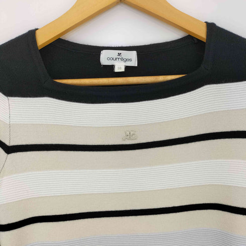 クレージュ courreges フロントロゴ刺繍 ボーダー スクエアネック 七分袖 チュニック ニットワンピース レディース FR:38