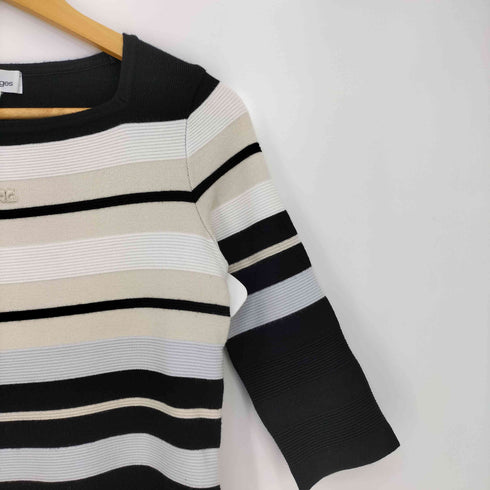 クレージュ courreges フロントロゴ刺繍 ボーダー スクエアネック 七分袖 チュニック ニットワンピース レディース FR:38