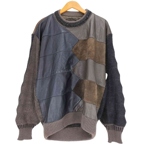 SAXONY 80~90s パッチワーク レザー切替 アクリル クルーネックニット メンズ import:XL