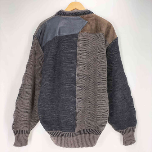 SAXONY 80~90s パッチワーク レザー切替 アクリル クルーネックニット メンズ import:XL
