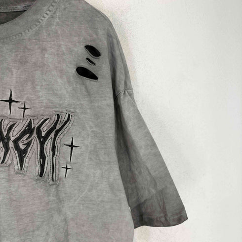 DAILY STYLE デイリースタイル ダメージ加工 ロゴ刺繍 クルーネック 半袖 Tシャツ street メンズ XL