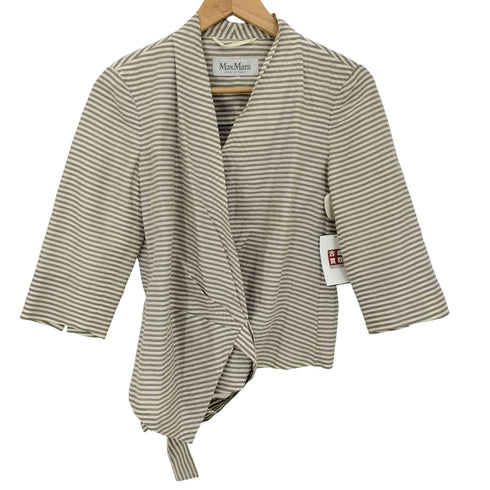 マックスマーラ MAX MARA 白タグ ボーダー リネン シルク混 カシュクール Vネック ラップ 5分袖ブラウス レディース US:0-2