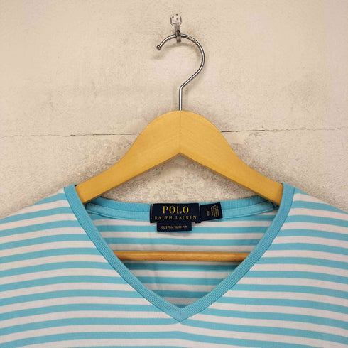 ポロラルフローレン POLO RALPH LAUREN CUSTOM SLIM FIT ポニー刺繍 ボーダー Vネック 半袖 Tシャツ メンズ L