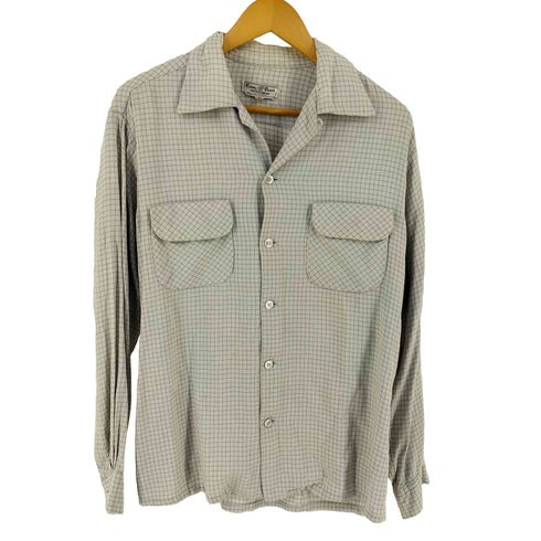 Roos Bros 50s チェック フラップポケット シェルボタン 長袖 オープンカラーシャツ メンズ L