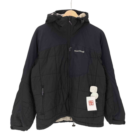 モンベル mont bell 90-00S OLD Flat Iron Parka 初期 旧ロゴ フラット アイアン パーカー 中綿 パデット ジャケット オール ブラック ダブルジップ 裾ドローコード メンズ JPN:L