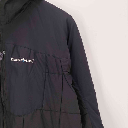 モンベル mont bell 90-00S OLD Flat Iron Parka 初期 旧ロゴ フラット アイアン パーカー 中綿 パデット ジャケット オール ブラック ダブルジップ 裾ドローコード メンズ JPN:L