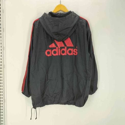 アディダス adidas 90S OLD DESCENTE デサント製 バック プリント 3ストライプ ナイロン プルオーバー フーディー パーカー 裾ドローコード メンズ import:M