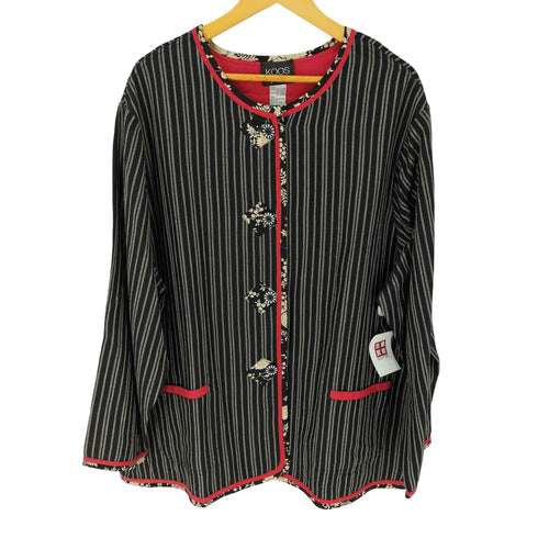 KOOS リネンレーヨン 花柄 ストライプ ノーカラージャケット レディース 3XL