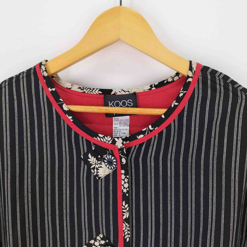 KOOS リネンレーヨン 花柄 ストライプ ノーカラージャケット レディース 3XL