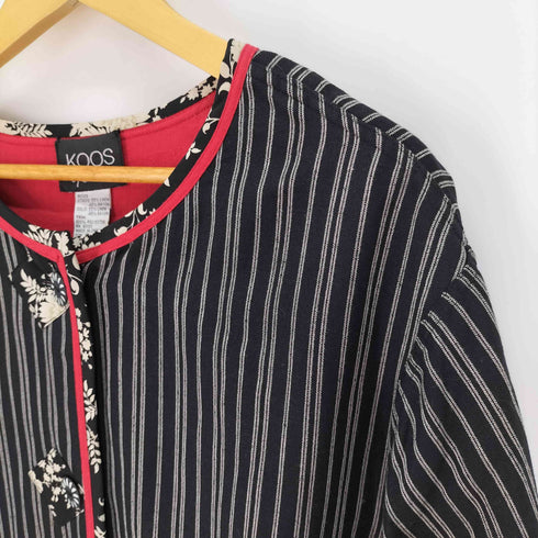 KOOS リネンレーヨン 花柄 ストライプ ノーカラージャケット レディース 3XL