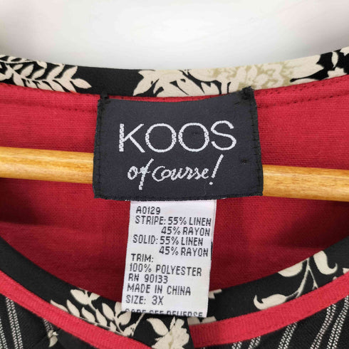KOOS リネンレーヨン 花柄 ストライプ ノーカラージャケット レディース 3XL