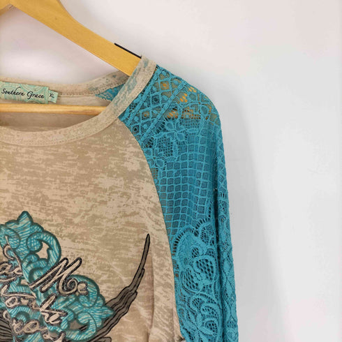 Southern Grace 袖レース ラメ グラフィックプリント ラグラン Y2K メンズ import:XL