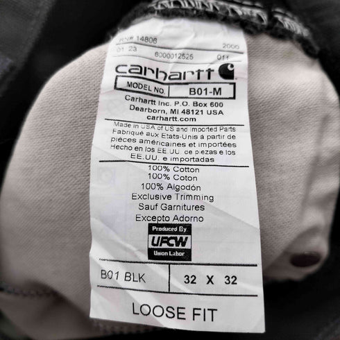 カーハート Carhartt MADE IN USA LOOSE FIT BLACK DOUBLE FRONT WORK DUNGAREE USA製 ルーズ フィット ダブル フロント ダック ダンガリー ダブルニー ペインター ワイド ワーク パンツ ブラック メンズ 32×32