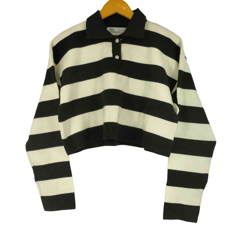 ザラ ZARA 飾りボタン クロップドストライプ ニットポロシャツ レディース import:S