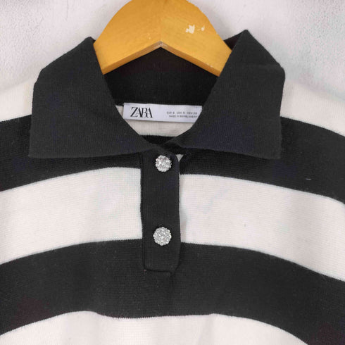 ザラ ZARA 飾りボタン クロップドストライプ ニットポロシャツ レディース import:S