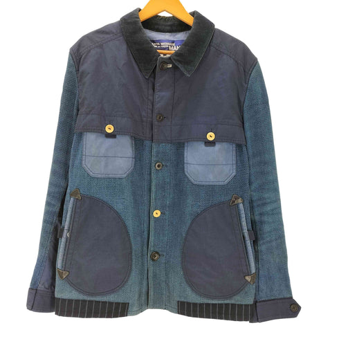 ジュンヤワタナベコムデギャルソンマン JUNYA WATANABE COMME des GARCONS MAN AD2014 15SS Hervier Productions ARCHIVE 異素材 刺し子 生地 ドッキング インディゴ 藍染め レザー エルボー パッチ ワーク ジャケット アーカイブ メンズ JPN:XL