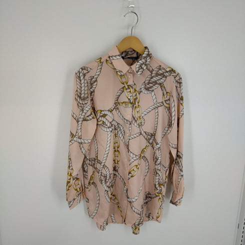 ザラ ZARA knot chain print pink button up shirt レディース US M