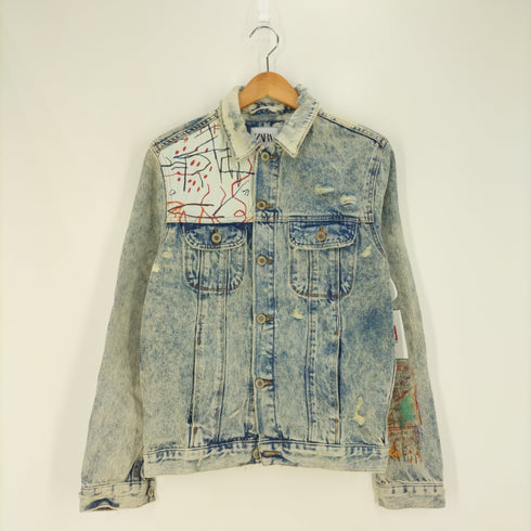 ザラ ZARA ×JEAN-MICHEL BASQUIAT ケミカルダメージ加工デニムジャケット メンズ import:M
