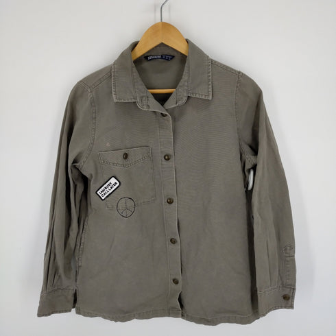ザラベーシック ZARABASIC Acid Wash Khaki Green Patch Detail Button Front Cotton Shirt レディース JPN:XS