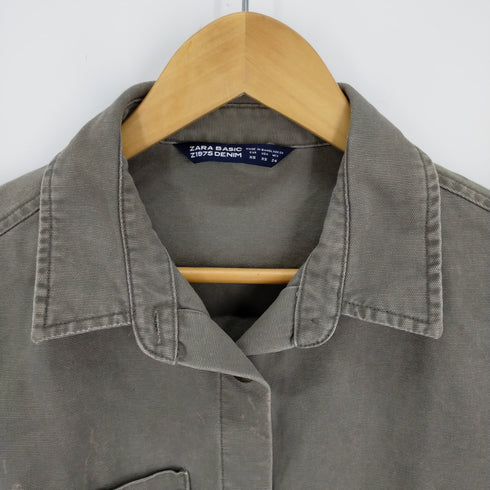 ザラベーシック ZARABASIC Acid Wash Khaki Green Patch Detail Button Front Cotton Shirt レディース JPN:XS