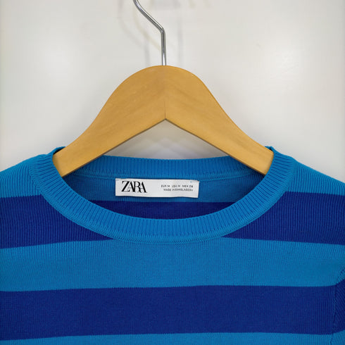 ザラ ZARA ショート丈クルーネックボーダー長袖Tシャツ レディース import:M