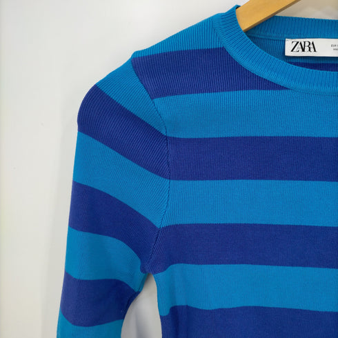 ザラ ZARA ショート丈クルーネックボーダー長袖Tシャツ レディース import:M