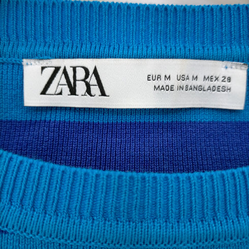 ザラ ZARA ショート丈クルーネックボーダー長袖Tシャツ レディース import:M
