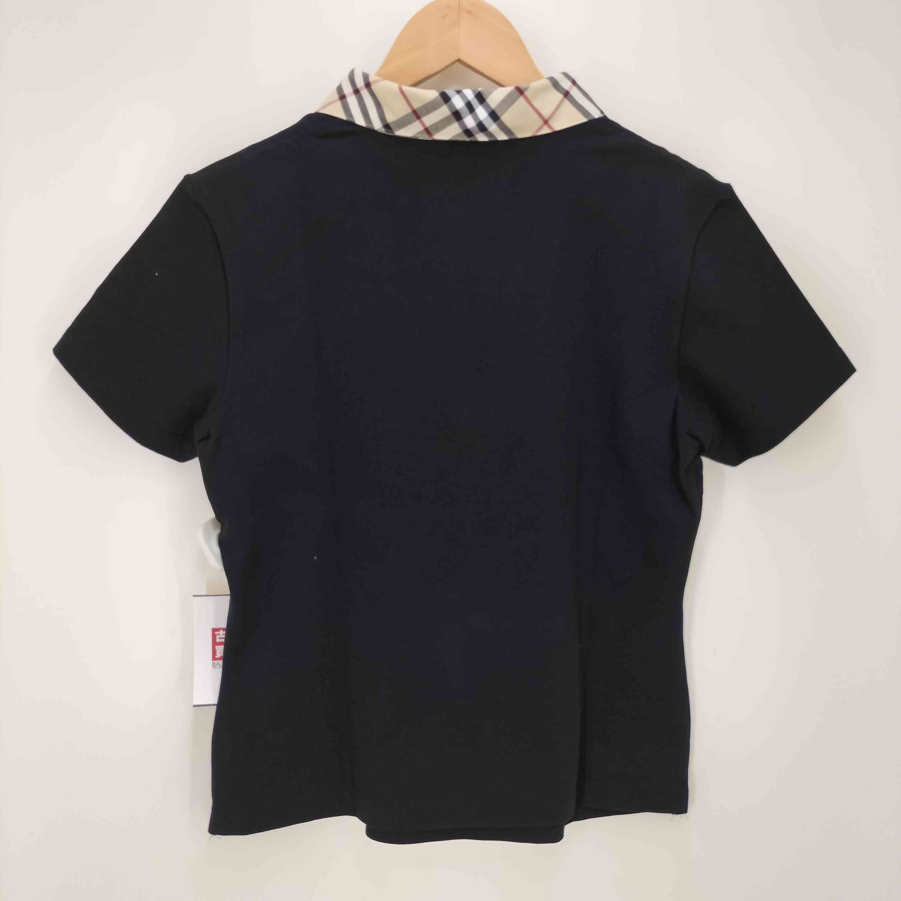 【美品】バーバリー　半袖スキッパーポロシャツ　ノバチェック　黒　ロゴ刺繍　5 バーバリーロンドン BURBERRY LONDON 襟ノバチェック 裾ロゴ 刺繍