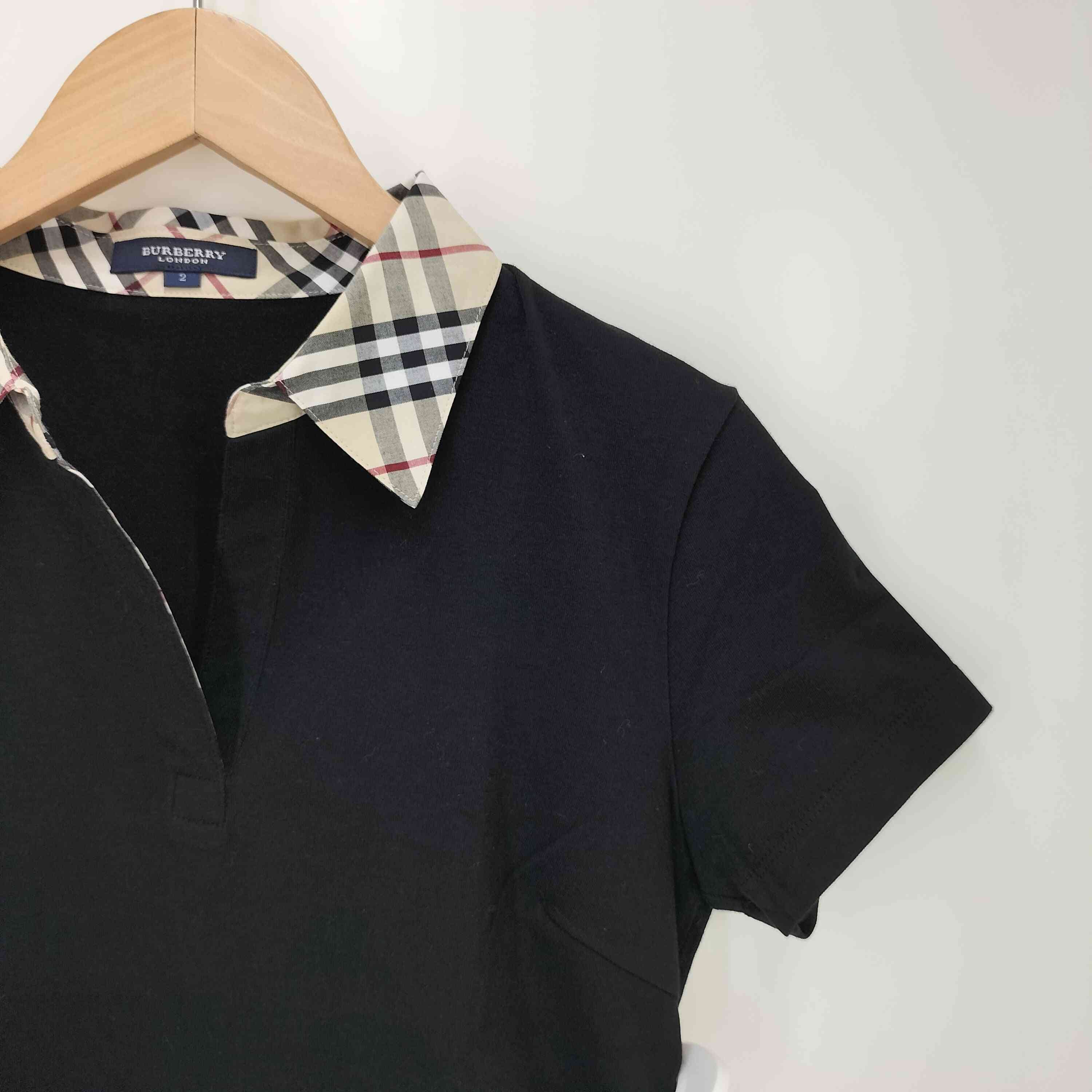 【美品】バーバリー　半袖スキッパーポロシャツ　ノバチェック　黒　ロゴ刺繍　5 美品】バーバリー 半袖スキッパーポロシャツ ノバチェック 黒