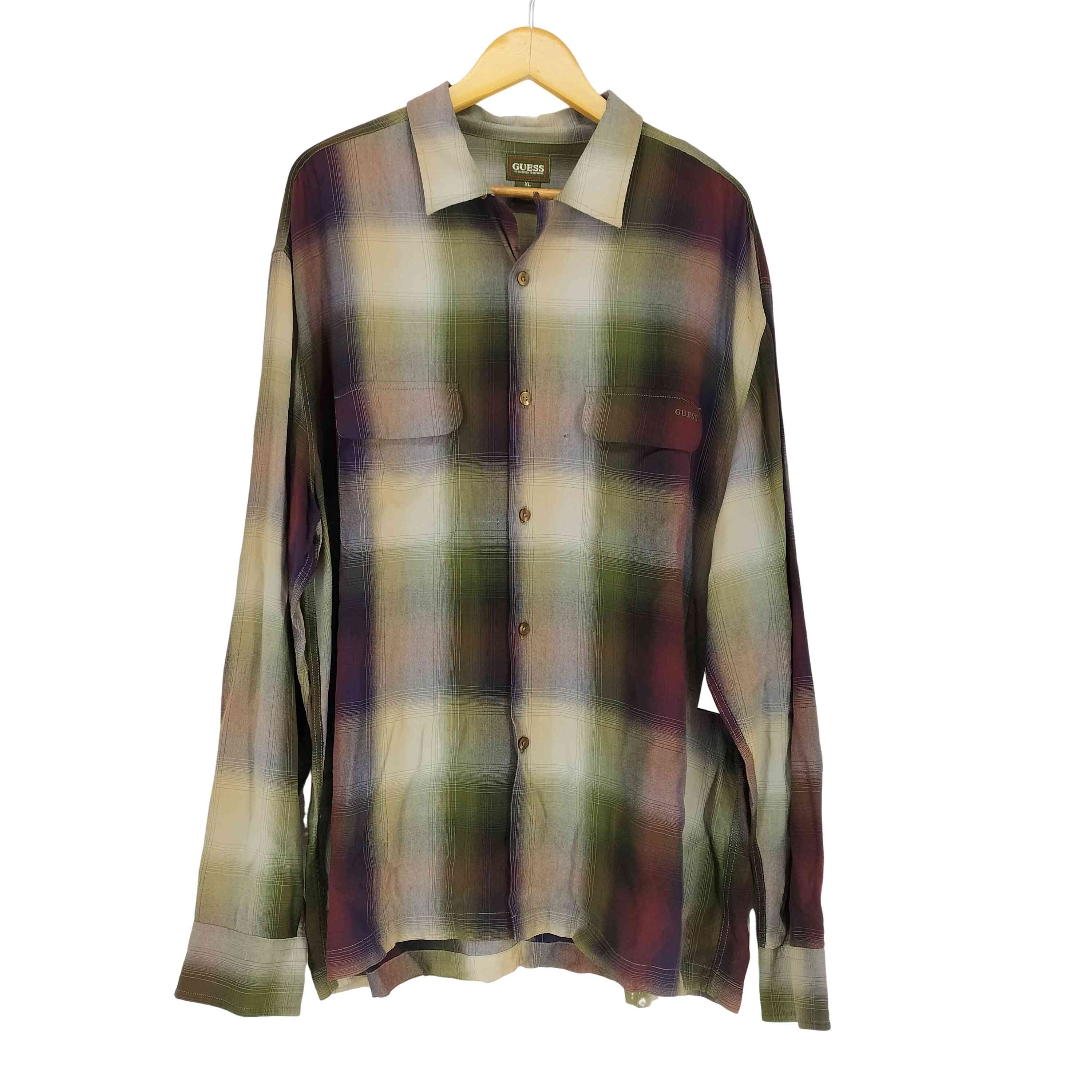 90s〜00s ゲス GUESS オンブレチェックレーヨン開襟シャツ XL 90s〜00s ゲス GUESS オンブレチェックレーヨン開襟シャツ XL ゲス