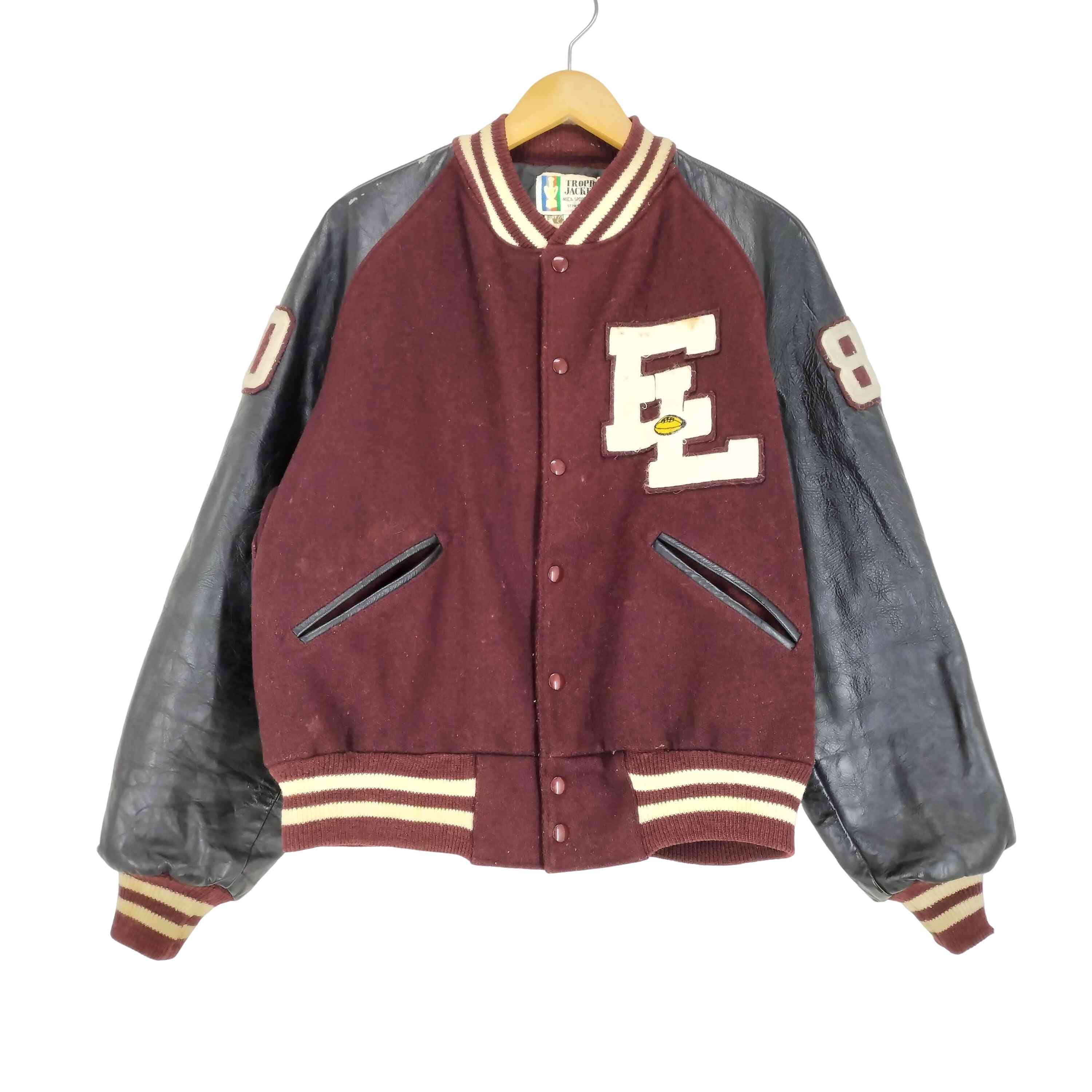 TROPHY JACKETS スタジャン 80s 古着 L 古着 80s USA製 TROPHY JACKETS 「L」 本革 レザー メルトン