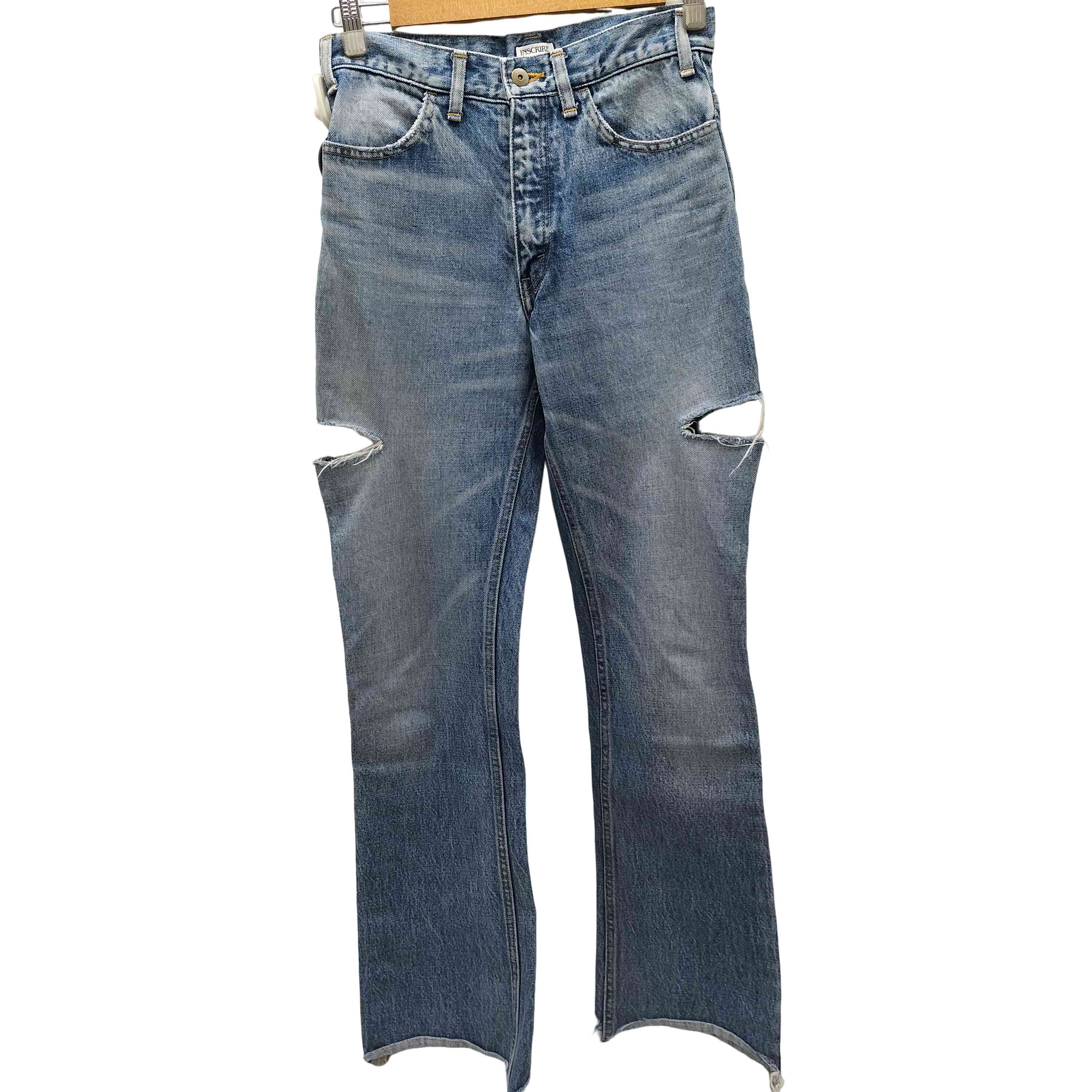 INSCRIRE(アンスクリア) CALF LEATHER カーフレザー パッチ サイドカット ブーツカット フレア デニム パンツ レディース  29【中古】【ブランド古着バズストア】 アンスクリア INSCRIRE CALF LEATHER カーフレザー パッチ サイド