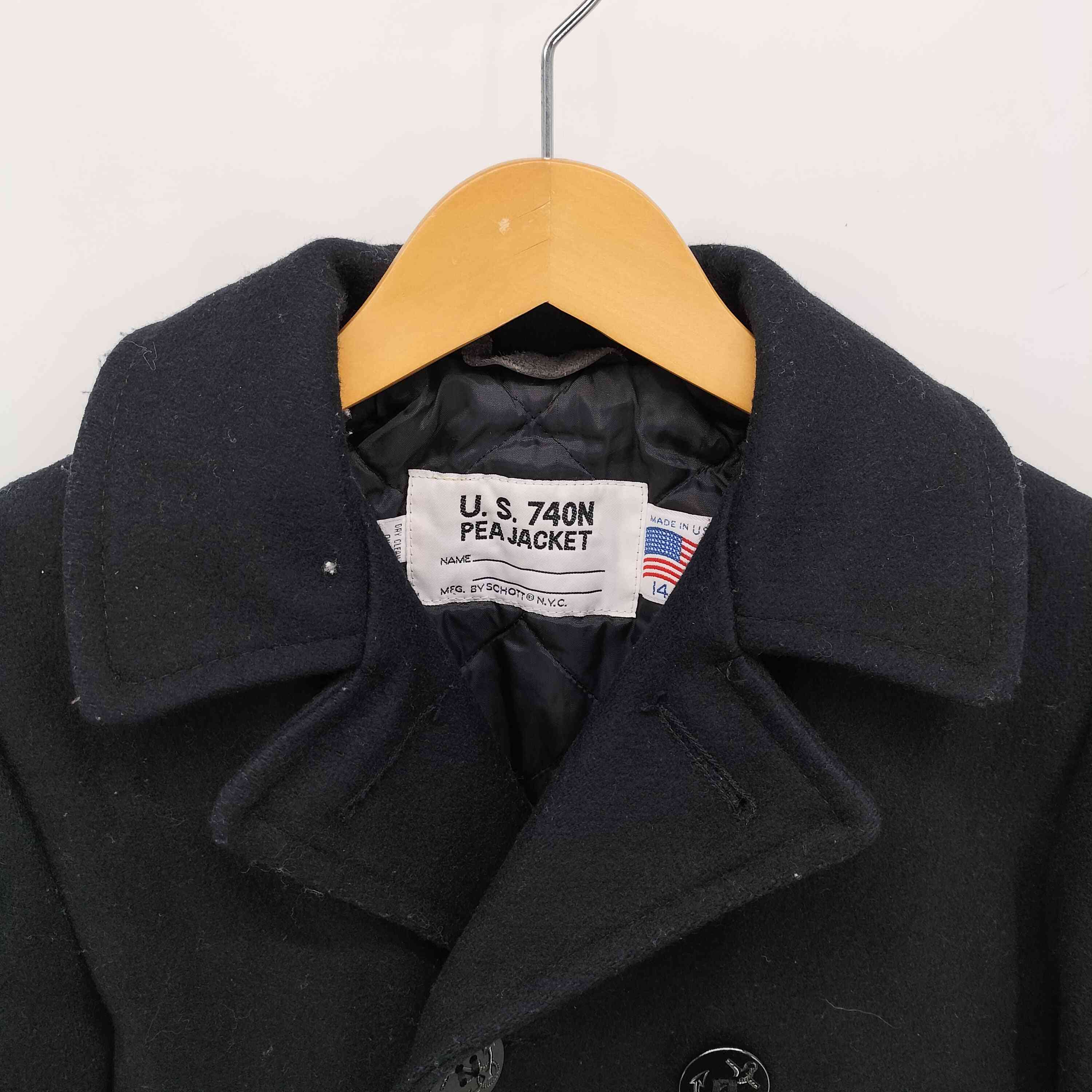 【美品】Schott Pコート 740N アメリカ製 キルティング 42 黒 ショット Schott USA製 U.S.740N PEA JACKET 裏地キルティング